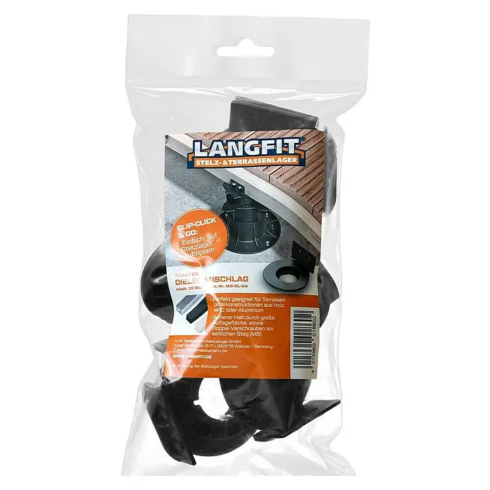 Langfit Stelzlager-Adapter Dielenanschlag - 10 Stk., Kunststoff - Verpackung der Langfit Stelzlager-Adapter für Terrassenunterkonstruktionen aus Holz, WPC oder Aluminium, Inhalt 10 Stück.