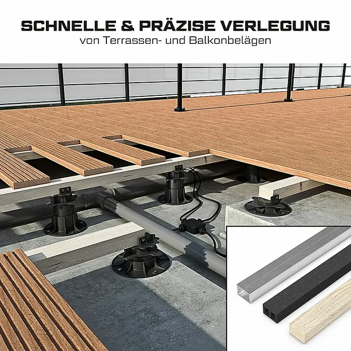 Langfit Stelzlager-Adapter Dielenanschlag - 10 Stk., Kunststoff - Schnelle & präzise Verlegung von Terrassen- und Balkonbelägen. Das Bild zeigt das Produkt in der Anwendung, Unterkonstruktion und Beläge.