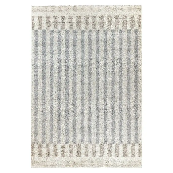 Alfombra de pelo largo Rayas - Natural, 230 x 160 cm, 100% Polipropileno - Una alfombra cuadrada con un diseño de rayas en tonos de gris y beige, ideal para un hogar moderno.