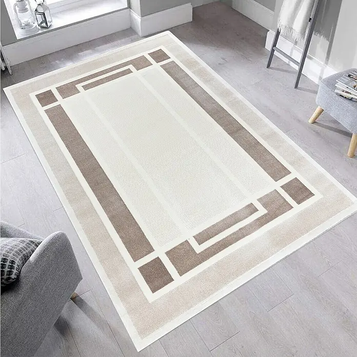 Alfombra de pelo corto Enmarcado - Natural, 230 x 160 cm, 80% polipropileno / 20% poliéster - Elegante alfombra con un moderno patrón geométrico en colores neutros para un ambiente elegante. Ideal para salones y dormitorios.