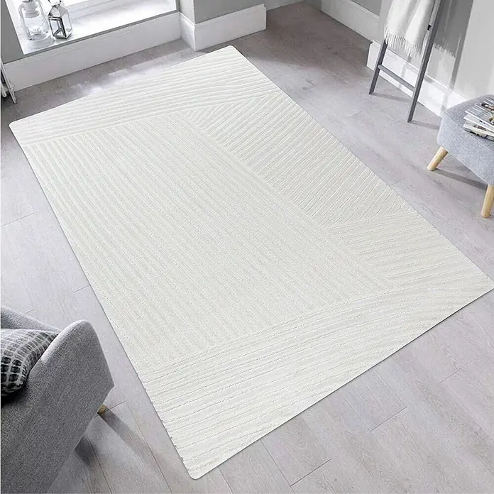 Alfombra de pelo largo Relieve - Crudo, 110 x 60 cm, 80% polipropileno / 20% poliéster - Una alfombra rectangular moderna en blanco con un sutil patrón geométrico que aporta un toque elegante a cualquier habitación.
