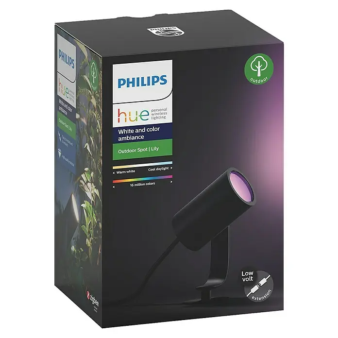 Philips Hue LED-Gartenspot Lily - 8 W, Lichtfarbe: RGB, IP65 - Die Verpackung einer Philips Hue Outdoor Spot Lily Leuchte, die eine intelligente, kabellose Beleuchtung für den Außenbereich bietet.