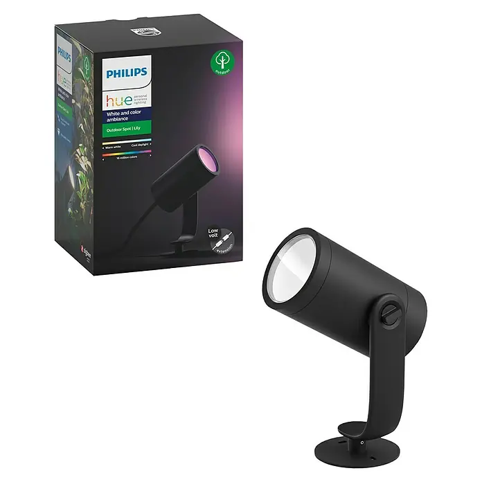 Philips Hue LED-Gartenspot Lily - 8 W, Lichtfarbe: RGB, IP65 - Abbildung einer Philips Hue Lily Outdoor Spot Lampe und ihrer Verpackung. Intelligente Beleuchtung für den Garten mit Farbwechsel.