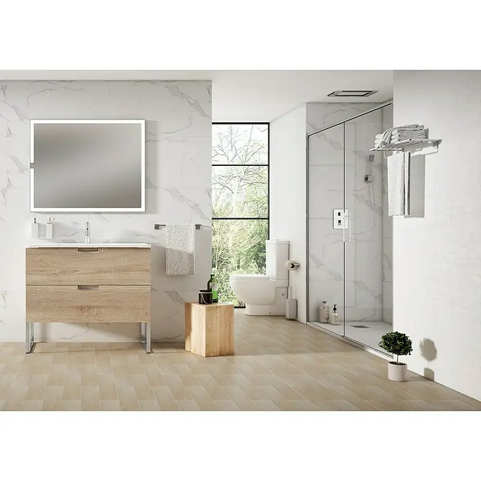 Camargue Espejo con luz Eyra - An x Al: 100 x 80 cm, Acero inoxidable - Baño con mueble de lavabo, espejo, ducha y retrete con un diseño moderno y luminoso.