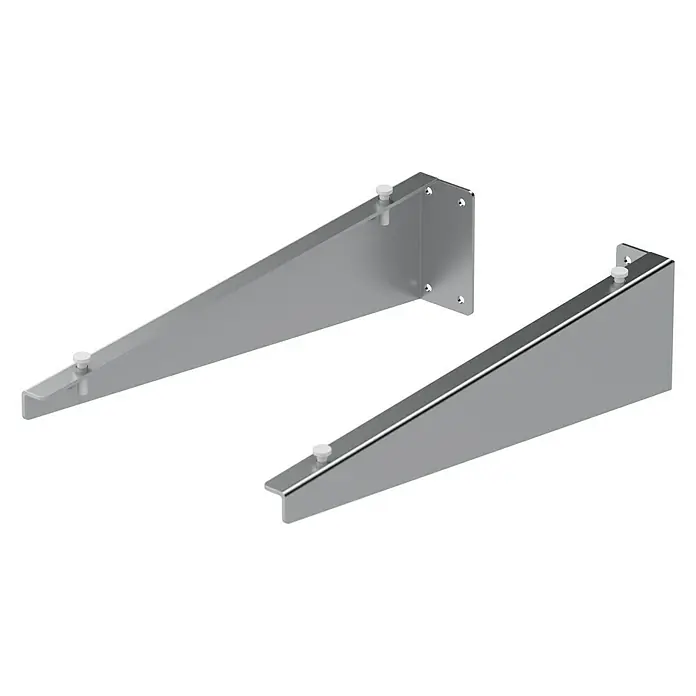 Soporte para lavabo invisible - Largo: 43 cm, Plateado - Dos soportes de estante plateados con soporte triangular y orificios de montaje para fijación a la pared, ofreciendo una base estable.