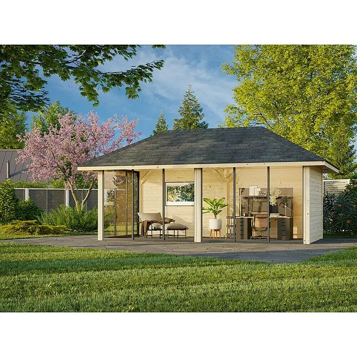 Palmako Caseta de jardín Bianca Set 202 Slide - Medidas ext. (An x Pr): 672 x 384 cm, Madera, Natural - La imagen muestra una oficina de jardín moderna con grandes paneles de vidrio, que ofrece un espacio de trabajo exterior luminoso y acogedor.