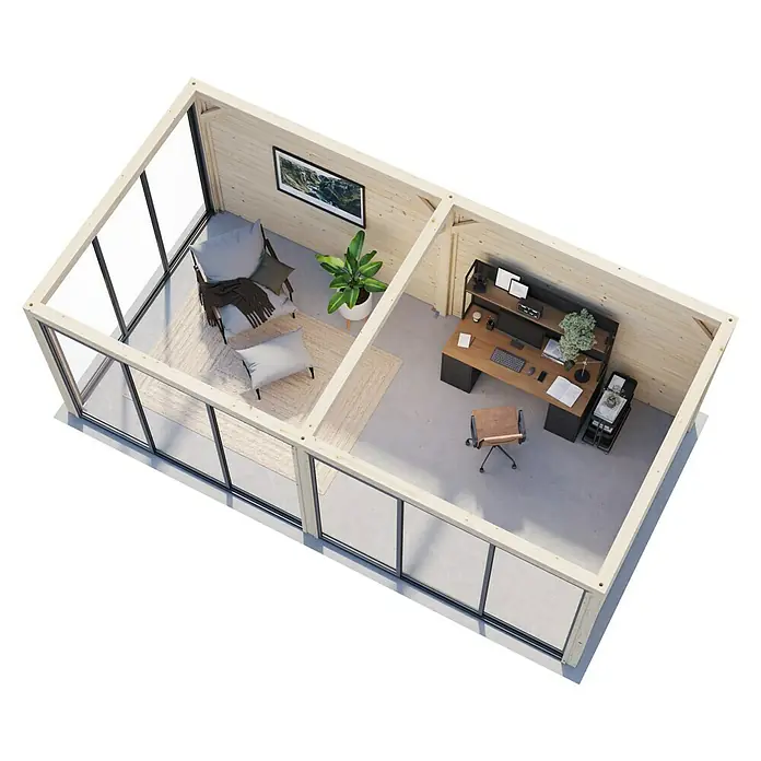Palmako Caseta de jardín Bianca Set 202 Slide - Medidas ext. (An x Pr): 672 x 384 cm, Madera, Natural - Una oficina jardín moderna con mucho espacio para ventanas, dividida en áreas de trabajo y de estar, que proporciona luz natural.