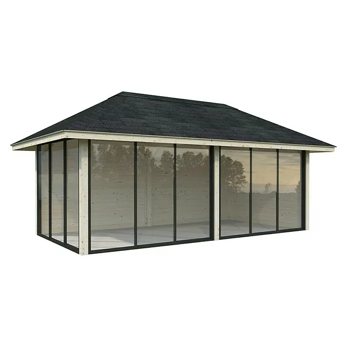 Palmako Caseta de jardín Bianca Set 202 Slide - Medidas ext. (An x Pr): 672 x 384 cm, Madera, Natural - Esta imagen muestra una moderna caseta de jardín con paredes de cristal y techo oscuro, perfecta para exteriores.