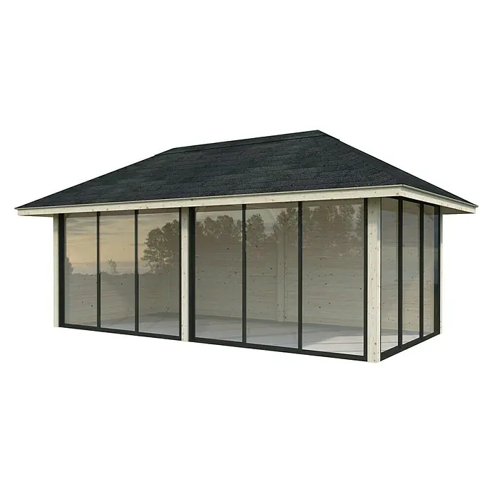 Palmako Caseta de jardín Bianca Set 202 Slide - Medidas ext. (An x Pr): 672 x 384 cm, Madera, Natural - Vista exterior de una caseta de jardín con diseño de techo inclinado, rodeada de ventanas. La caseta de madera con ventanas proporciona espacio exterior protegido.