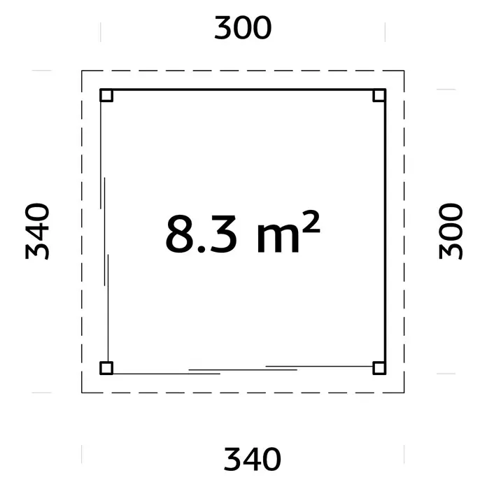 Palmako Caseta de jardín Lenna Set 701 Slide Plus - Medidas ext. (An x Pr): 340 x 340 cm, Madera, Natural - Dibujo de planta cuadrada que muestra un área de 8,3 m², enmarcada por dimensiones en centímetros para fines de planificación.