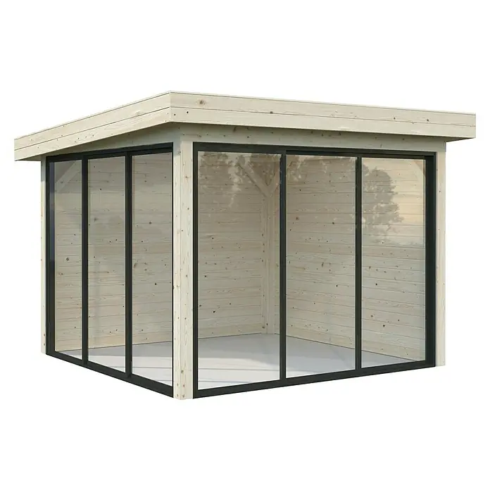 Palmako Caseta de jardín Lenna Set 701 Slide Plus - Medidas ext. (An x Pr): 340 x 340 cm, Madera, Natural - Una glorieta moderna con paneles de vidrio claro y estructura de madera clara, creando un ambiente de jardín elegante y abierto.