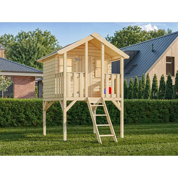 Palmako Caseta infantil Toby elevada - L x An x Al: 180 x 190 x 287 cm, Madera, Marróm - Casa de juegos de madera en el jardín. La casita elevada proporciona un lugar seguro y divertido para que los niños jueguen al aire libre.