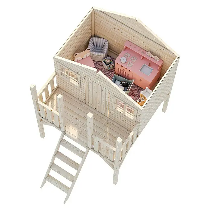 Palmako Caseta infantil Toby elevada - L x An x Al: 180 x 190 x 287 cm, Madera, Marróm - La casita de madera ofrece un entorno de juego imaginativo con porche, escaleras e interior amueblado con una cocina de juguete.