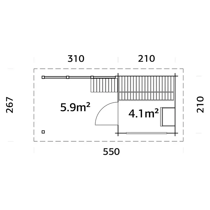 Palmako Saunahaus Sanna - Ohne Ofen, Natur, L x B x H: 267 x 547 x 249 cm - Grundrisszeichnung eines Hauses mit den Maßen 550 x 267, mit zwei Räumen von 5,9 m² und 4,1 m² mit Tür und Fenster.