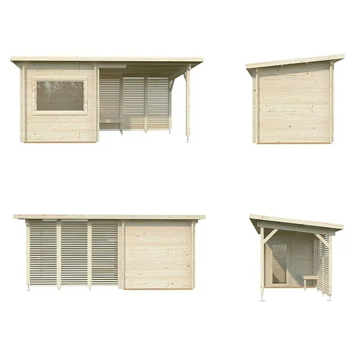Palmako Saunahaus Sanna - Ohne Ofen, Natur, L x B x H: 267 x 547 x 249 cm - Abbildung eines Holzgartenhauses mit Fenster, Lamellenwand und Anbau, ideal für den Garten oder als stilvoller Rückzugsort im Freien.
