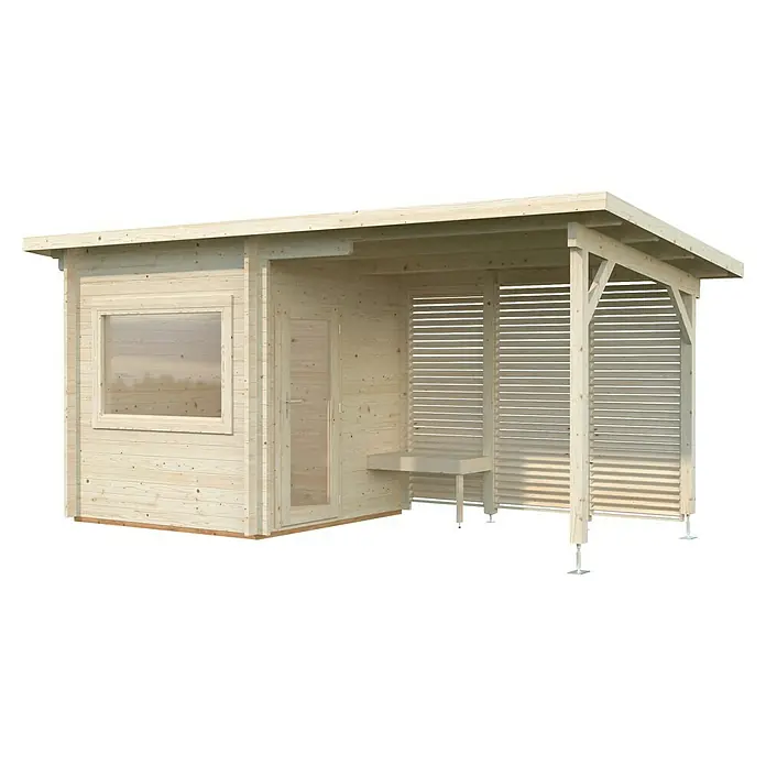 Palmako Saunahaus Sanna - Ohne Ofen, Natur, L x B x H: 267 x 547 x 249 cm - Das Bild zeigt ein hölzernes Gartenhaus mit Fenster und einer überdachten Veranda mit Holzlamellenwand und Sitzbank. Das Haus ist unbehandelt.