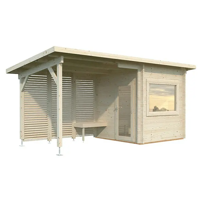 Palmako Saunahaus Sanna - Ohne Ofen, Natur, L x B x H: 267 x 547 x 249 cm - Einladende Gartenlaube mit Holzbalken, Fenster und Sitzbank, perfekt für entspannte Stunden im Freien. Ideal als Rückzugsort im Grünen.