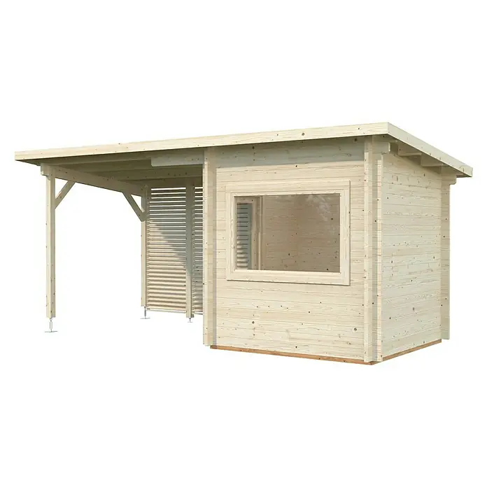 Palmako Saunahaus Sanna - Ohne Ofen, Natur, L x B x H: 267 x 547 x 249 cm - Ansicht eines Holzgartenhauses mit angebautem Unterstand, ideal für Garten und Freizeit. Natürliches Design und solide Bauweise zeichnen es aus.