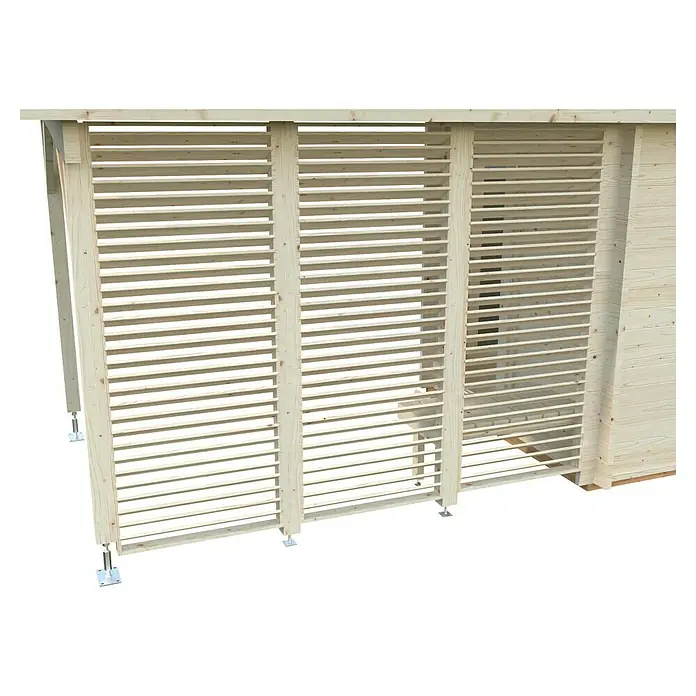 Palmako Saunahaus Sanna - Ohne Ofen, Natur, L x B x H: 267 x 547 x 249 cm - Detailansicht der Holzlamellenfassade eines Gebäudes. Die Konstruktion zeigt eine moderne Bauweise mit natürlichem Materialeinsatz für ästhetisches Design.