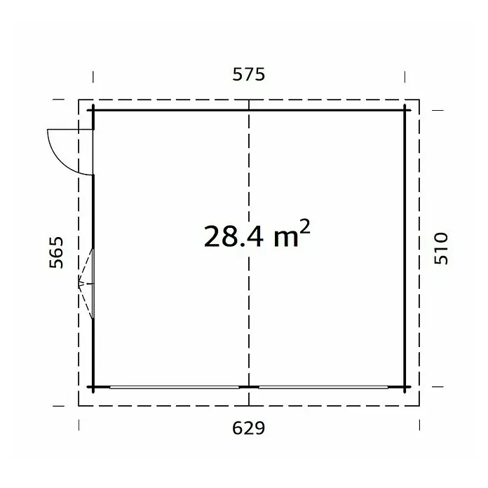 Palmako Garaje Roger sin puerta - Medidas ext. (An x Pr): 629 x 565 cm, Madera, Natural, 28,4 m² - Plano del producto que muestra un diseño cuadrado con una superficie de 28.4 m², exhibiendo dimensiones detalladas.