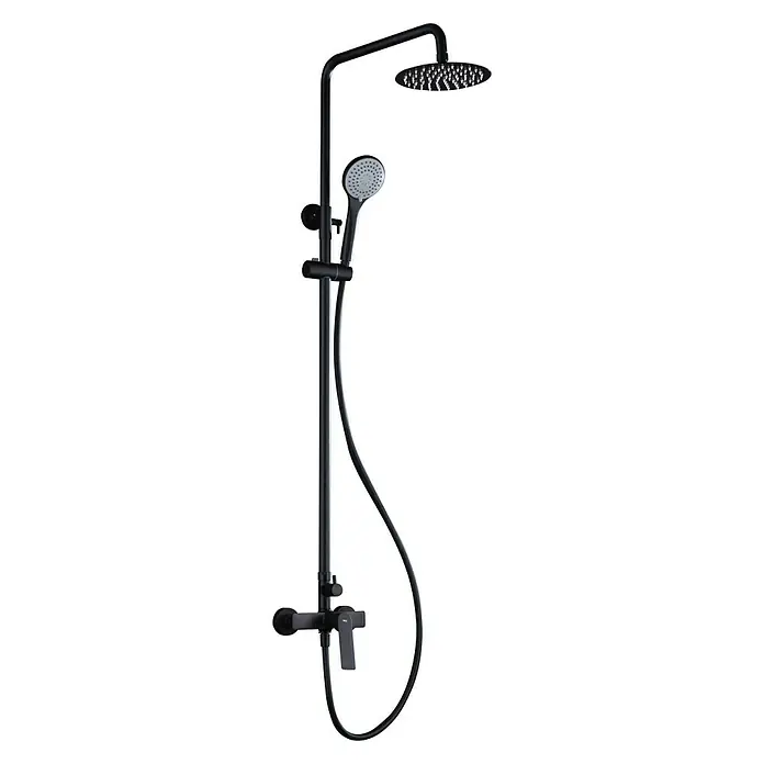 Imex Luxor Sistema de ducha - Con grifo monomando, Negro - Columna de ducha en negro mate con cabezal redondo y ducha de mano para una experiencia de baño moderna.