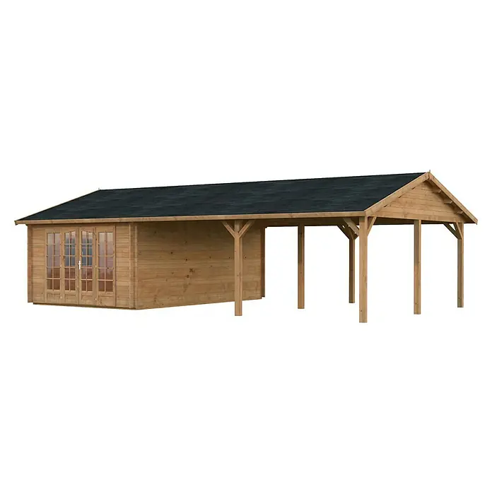 Palmako Gartenhaus Irene - Außenmaß inkl. Dachüberstand (B x T): 1.006 x 619 cm, Tauchgrundiertes Holz, Hellbraun - Ein Holzgartenhaus mit einem überdachten Bereich. Das Gartenhaus hat eine Doppeltür und der überdachte Bereich hat mehrere Stützen.