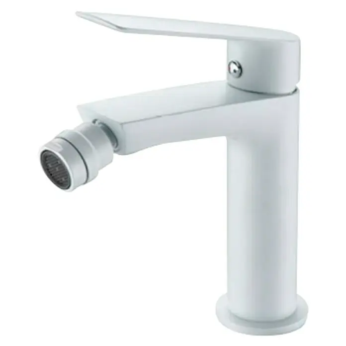 Imex Luxor Grifo monomando de bidé - Blanco - Primer plano de un moderno grifo de lavabo blanco con una salida de agua giratoria multifuncional.