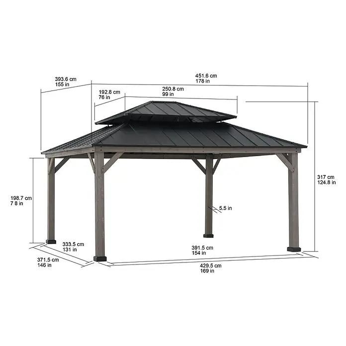 Sunjoy Pavillon Rysy - L x B: 450 x 390 cm, Farbe Dach: Schwarz - Abbildung eines Pavillons mit Maßangaben in Zentimetern und Zoll, der die Größe und Abmessungen des Produkts hervorhebt.