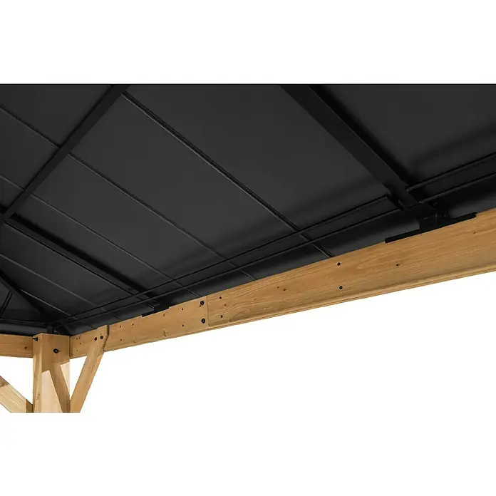Sunjoy Pavillon Ernir - L x B: 452 x 393 cm, Farbe Dach: Anthrazit - Nahaufnahme des schwarzen Metalldachs und der Holzrahmenkonstruktion eines Pavillons.