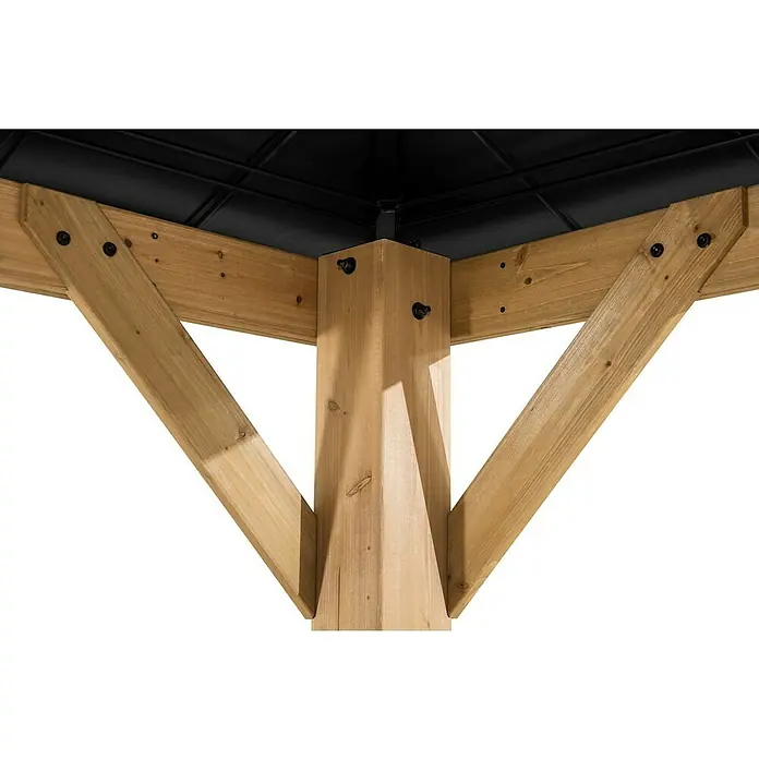 Sunjoy Pavillon Ernir - L x B: 452 x 393 cm, Farbe Dach: Anthrazit - Detailaufnahme einer Holzkonstruktion, die die Stabilität und Bauweise des Pavillons hervorhebt.\n