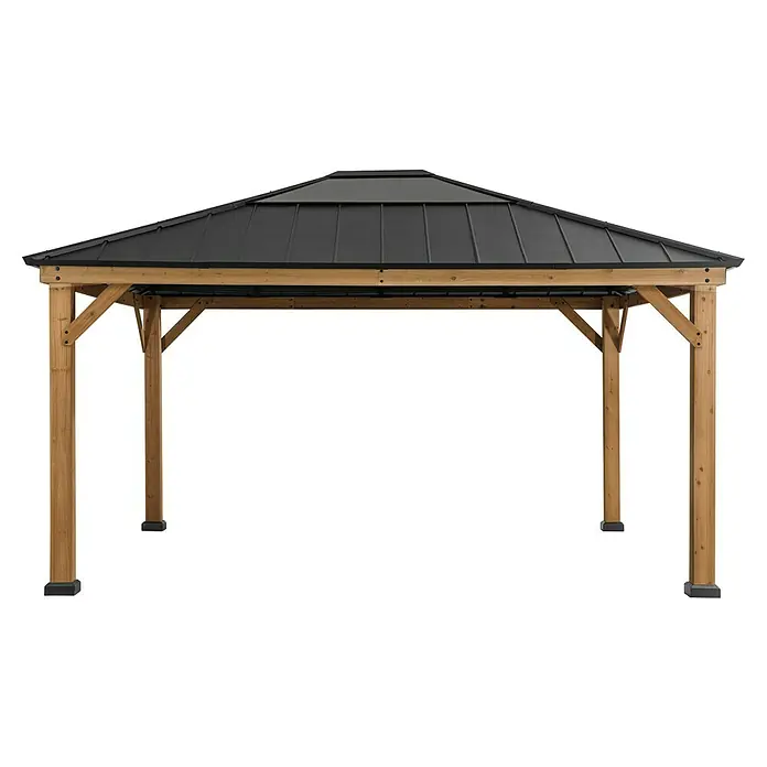 Sunjoy Pavillon Ernir - L x B: 452 x 393 cm, Farbe Dach: Anthrazit - Stilvoller Holzpavillon mit einem eleganten Metalldach. Ideal für Garten und Terrasse, bietet Schutz und ein ansprechendes Design.