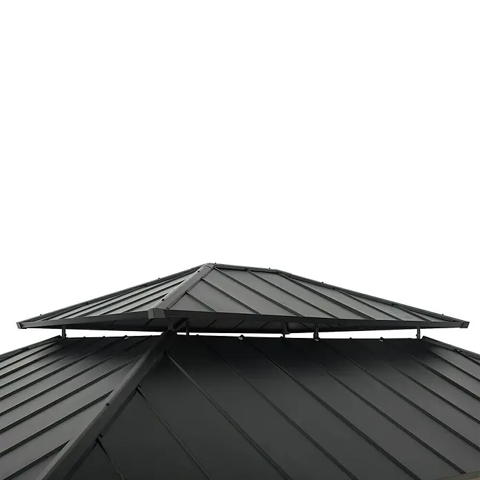 Sunjoy Pavillon Rysy - L x B: 450 x 390 cm, Farbe Dach: Schwarz - Nahaufnahme des zweistufigen Metalldachs eines Pavillons, das Schatten und Schutz im Freien bietet.
