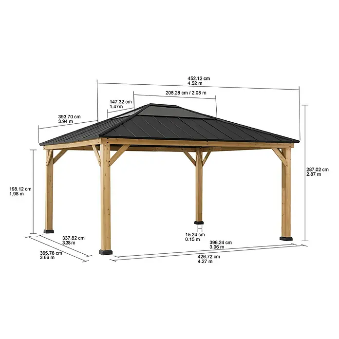 Sunjoy Pavillon Ernir - L x B: 452 x 393 cm, Farbe Dach: Anthrazit - Bild einer detaillierten Zeichnung eines Pavillons mit Maßangaben. Das Bild zeigt alle Abmessungen des Pavillons.