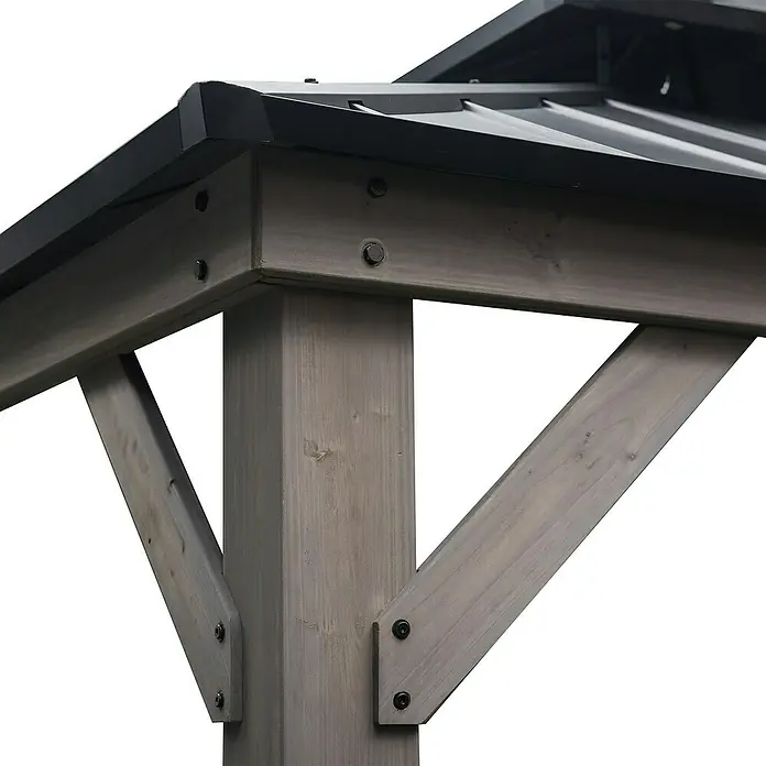 Sunjoy Pavillon Rysy - L x B: 450 x 390 cm, Farbe Dach: Schwarz - Nahaufnahme eines grauen Pavillons aus Holz mit Metallbeschlägen und stabilem Dach.