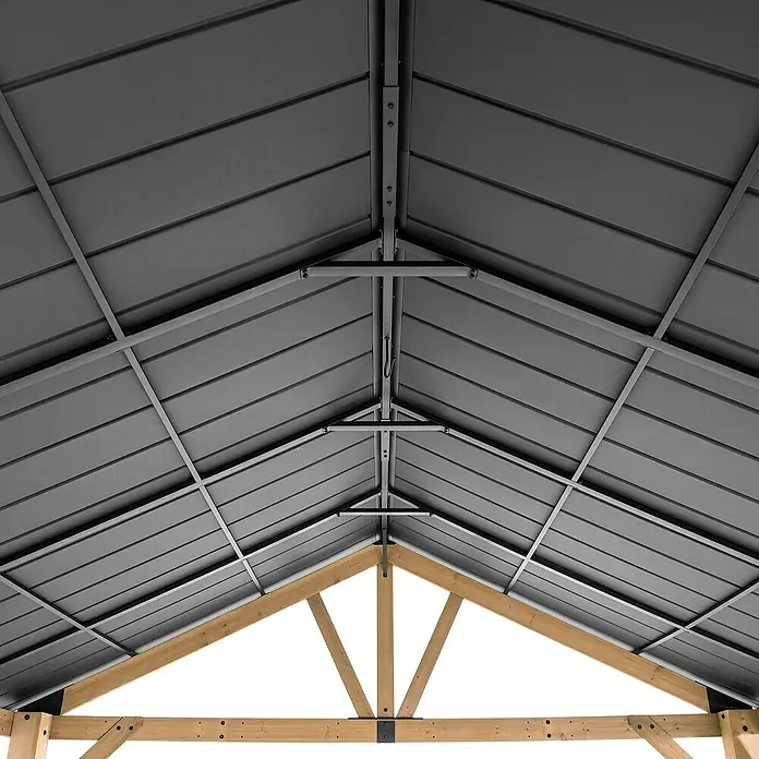 Sunjoy Pavillon Tödi - L x B: 400 x 336 cm, Farbe Dach: Anthrazit - Ansicht des robusten Dachrahmens eines Pavillons mit einer soliden Holzstruktur und einer grauen Metallabdeckung.