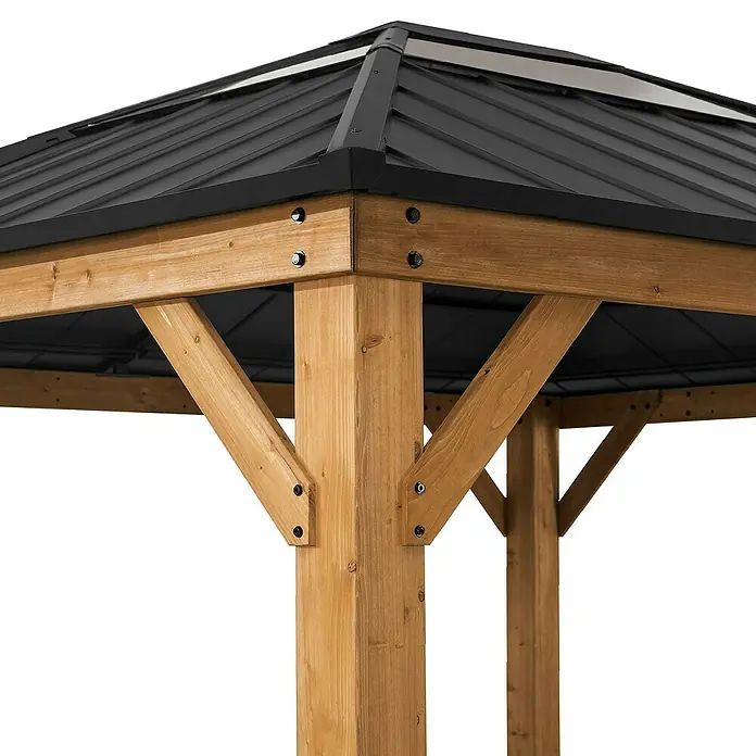 Sunjoy Pavillon Bruri - L x B: 394 x 336 cm, Farbe Dach: Anthrazit - Nahaufnahme eines Pavillons mit schwarzem Dach und Holzrahmen, der die Konstruktion und Details hervorhebt.