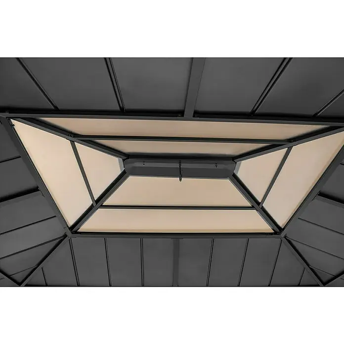 Sunjoy Pavillon Bruri - L x B: 394 x 336 cm, Farbe Dach: Anthrazit - Detailaufnahme des Pavillondachs mit beiger Stoffbespannung und dunklem Metallrahmen. Das Design bietet Schatten und Schutz im Freien.