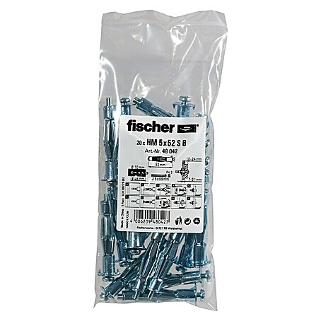 Fischer Metall-Hohlraumdübel HM (Ø x L: 10 x 52 mm, Bohrtiefe: 62 mm, 20 Stk.)
