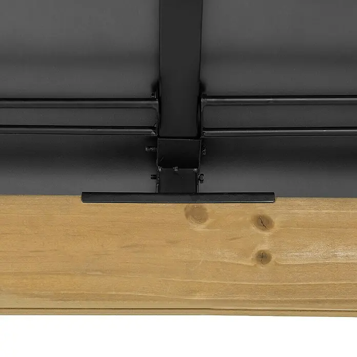 Sunjoy Pavillon Bruri - L x B: 394 x 336 cm, Farbe Dach: Anthrazit - Nahaufnahme der Unterseite eines Tisches, die die schwarze Metallstruktur und das helle Holzdetail zeigt.