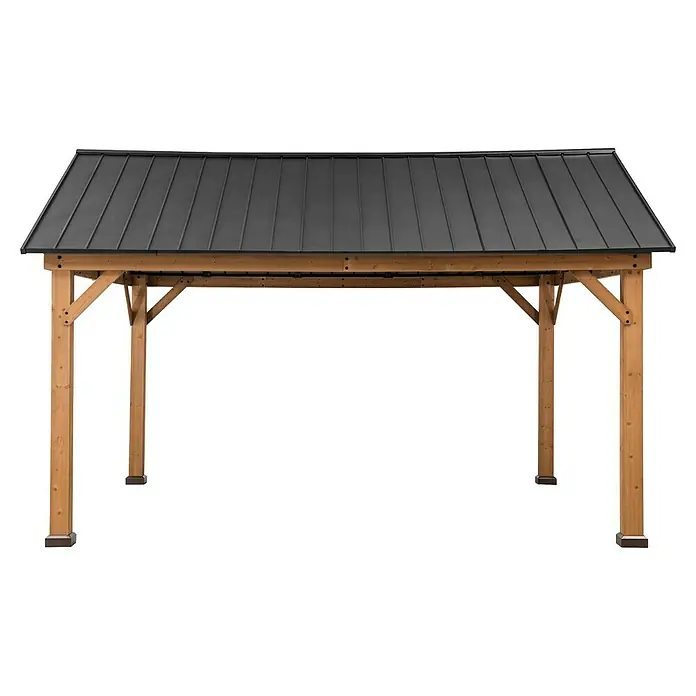 Sunjoy Pavillon Rebra - L x B: 465 x 404 cm, Farbe Dach: Anthrazit - Eine hölzerne Gartenlaube mit einem dunklen Metalldach bietet Schutz und einen stilvollen Akzent für den Außenbereich.