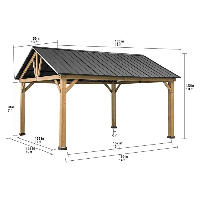 Sunjoy Pavillon Rebra - L x B: 465 x 404 cm, Farbe Dach: Anthrazit - Abbildung eines Holzpavillons mit Maßangaben zu Höhe, Breite und Länge in Zoll und Fuß.