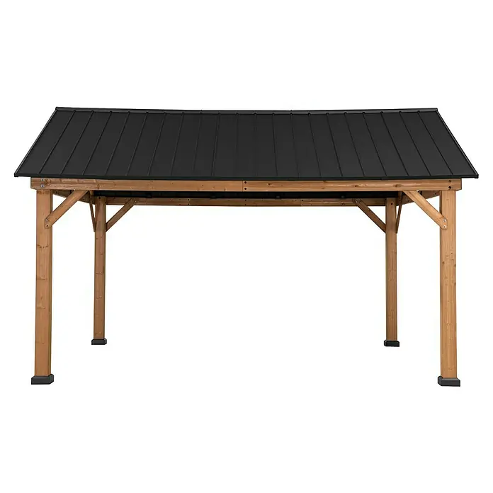 Sunjoy Pavillon Tödi - L x B: 400 x 336 cm, Farbe Dach: Anthrazit - Eine Gartenlaube mit einem schwarzen Dach und hölzernen Stützpfeilern, die einen schattigen und einladenden Außenbereich schaffen.