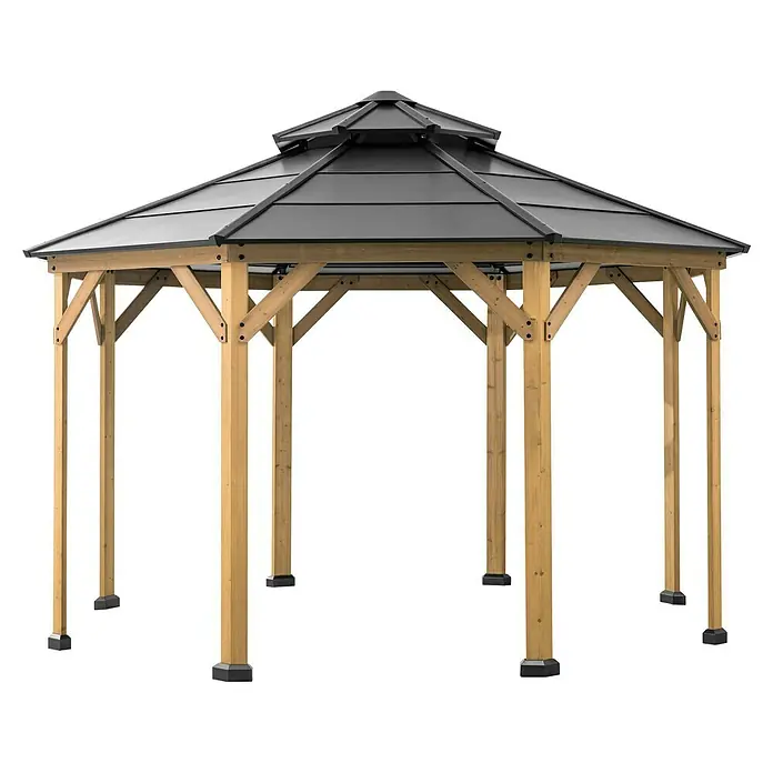 Sunjoy Pavillon Eggi - L x B: 396 x 396 cm, Farbe Dach: Anthrazit - Freistehender Holzpavillon mit dunklem Dach, ideal für Garten und Terrasse als stilvoller Schattenspender.