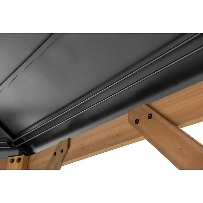 Sunjoy Pavillon Eggi - L x B: 396 x 396 cm, Farbe Dach: Anthrazit - Nahaufnahme des Holzrahmens mit schwarzem Metalldach, der die robuste Konstruktion und das moderne Design des Pavillons hervorhebt.