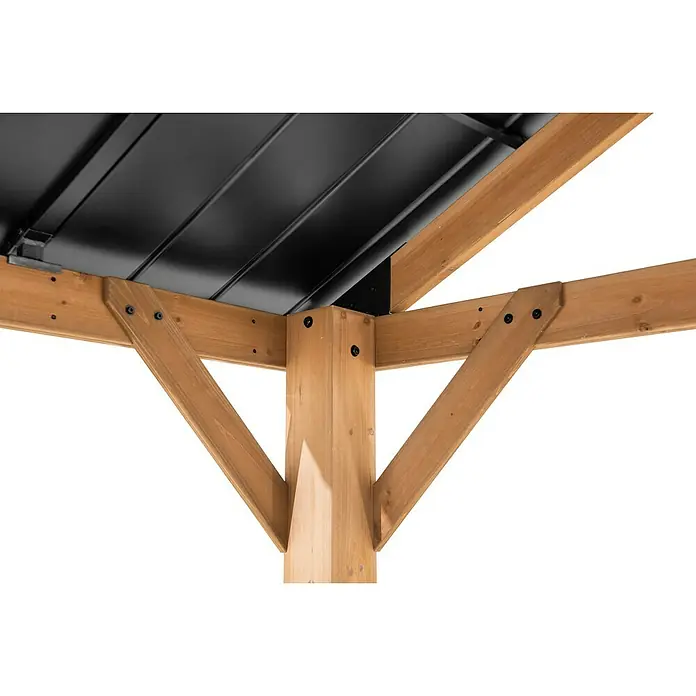 Sunjoy Pavillon Rebra - L x B: 465 x 404 cm, Farbe Dach: Anthrazit - Detailansicht eines Holzpavillons mit schwarzem Dach, das Stabilität und Schutz bietet. Die Holzkonstruktion ist sorgfältig verarbeitet.