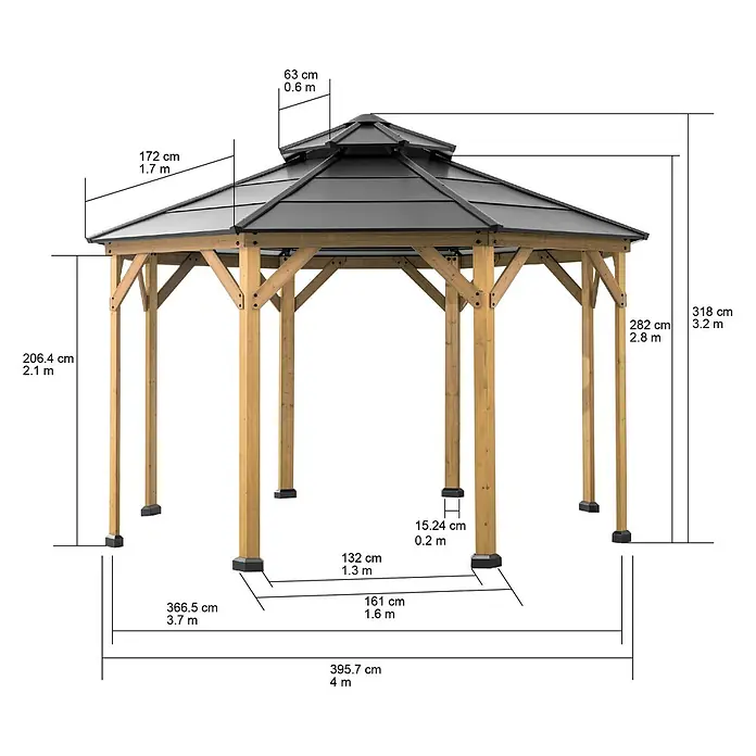 Sunjoy Pavillon Eggi - L x B: 396 x 396 cm, Farbe Dach: Anthrazit - Bild einer Gartenlaube mit Maßangaben, die ihre Größe und Abmessungen hervorheben.