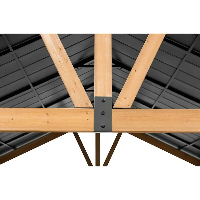 Sunjoy Pavillon Rebra - L x B: 465 x 404 cm, Farbe Dach: Anthrazit - Nahaufnahme der Holz- und Metallkonstruktion eines Pavillons, die die Stabilität und das Design hervorhebt.