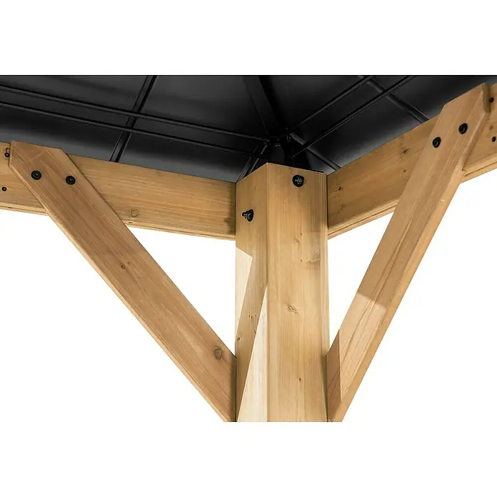 Sunjoy Pavillon Bruri - L x B: 394 x 336 cm, Farbe Dach: Anthrazit - Detailaufnahme eines Holzpavillons mit stabilen Stützbalken und schwarzem Dach, verbunden mit schwarzen Schrauben.
