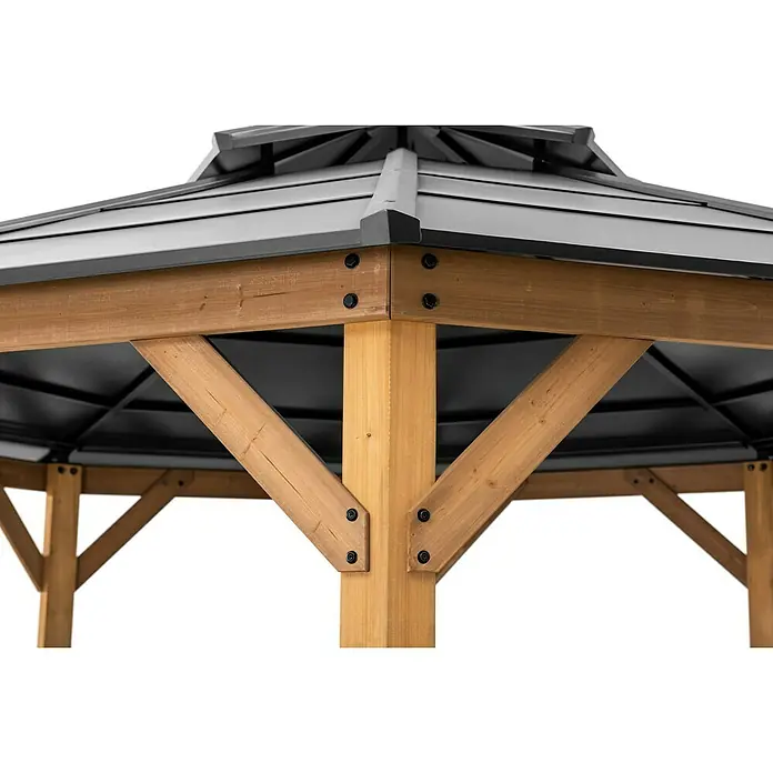 Sunjoy Pavillon Eggi - L x B: 396 x 396 cm, Farbe Dach: Anthrazit - Detailansicht eines hölzernen Pavillons mit Metallspitze und stabilen Holzstreben.