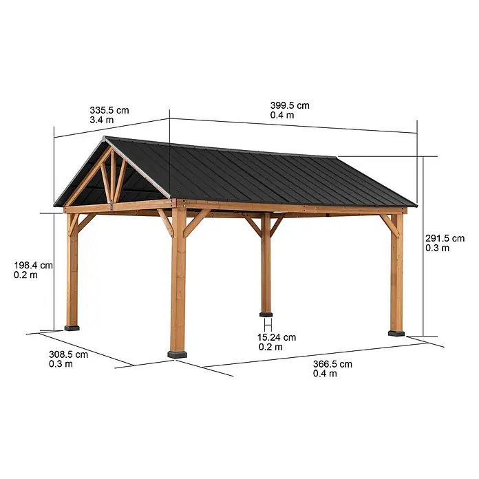 Sunjoy Pavillon Tödi - L x B: 400 x 336 cm, Farbe Dach: Anthrazit - Abmessungen des Holzpavillons mit dunklem Dach und detaillierten Maßangaben in Zentimetern und Metern.